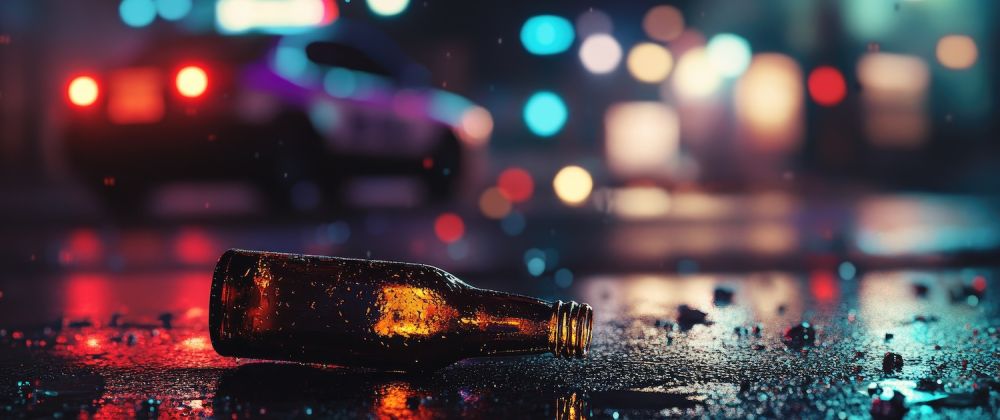 Wet road at night with a discarded beer bottle and blurred police car lights, creating a moody urban scene.