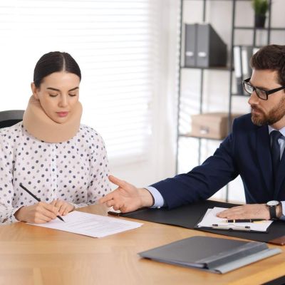a man and a woman sitting at a desk and reviewing a legal document
