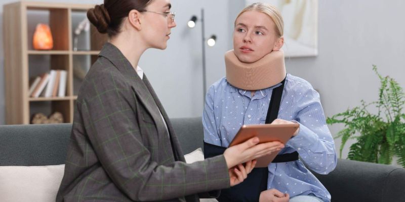 a woman sitting on a couch talking to another woman, one of them is wearing a neck brace