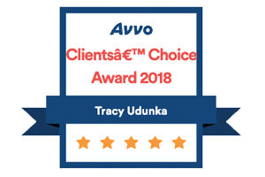 Avvo Clients' Choice Award 2018 badge with Tracy Udunka's name and five stars displayed.