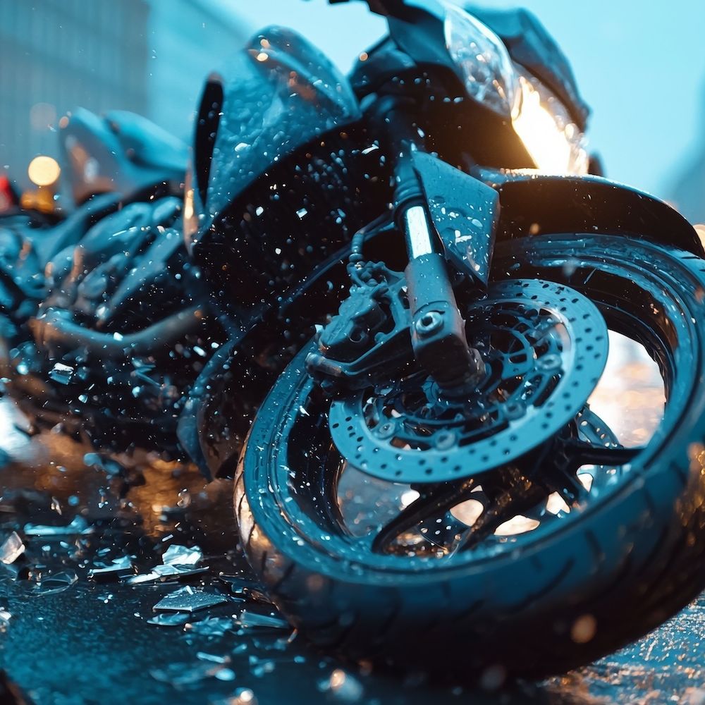 Motorcycle accident on a rainy city street with debris and bright blurred lights around.