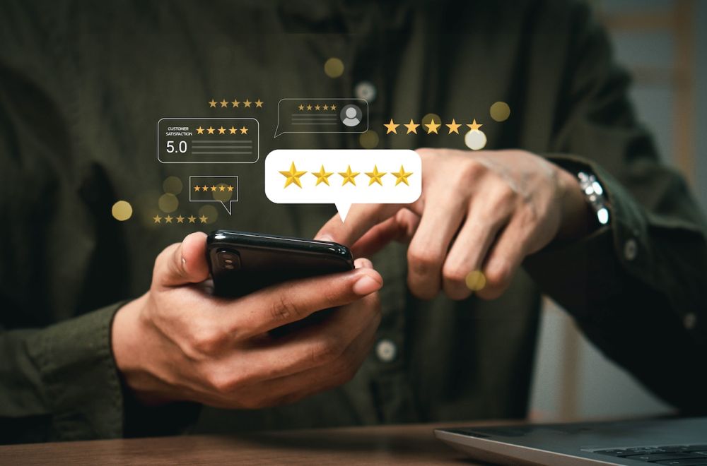 Customer review satisfaction feedback survey concept User give rating to service experience on online application Customer services best excellent business rating experience