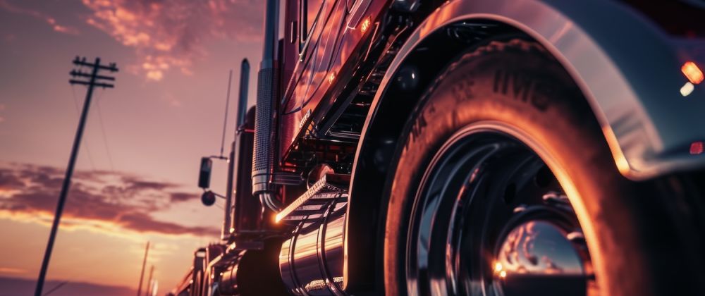 Close-up of chrome-plated truck wheel on a road at sunset, reflecting purple and orange sky hues.