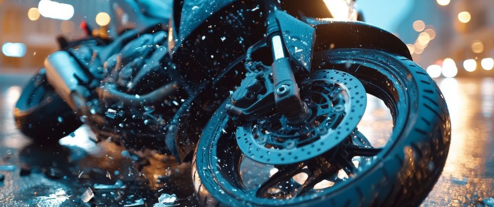 Motorcycle accident on a rainy city street with debris and bright blurred lights around.