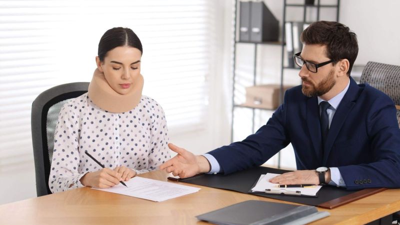 a man and a woman sitting at a desk and reviewing a legal document