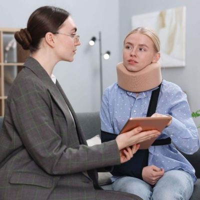 a woman sitting on a couch talking to another woman, one of them is wearing a neck brace