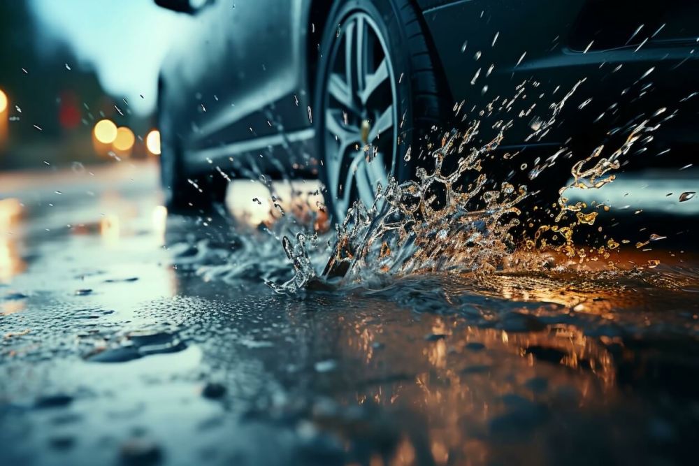 car driving in the rain